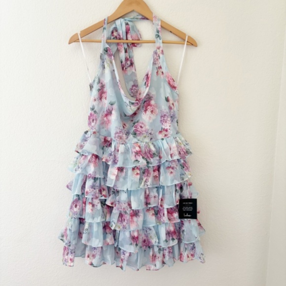Lulu's trending adorable light blue floral tiered halter mini dress NWT Size‎ XL - Picture 4 of 5